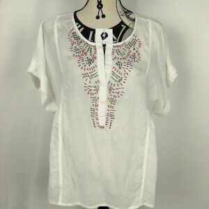 Calvin Klein Decorated Bead Work V-Neckline Fairy Ruffle Short Sleeve Top M